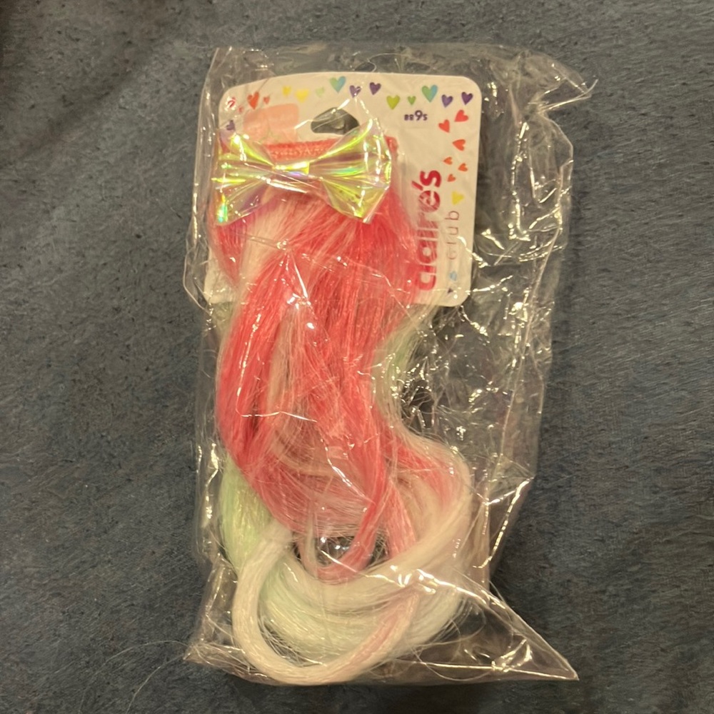 Claire's Pink and White Hair Extension with Iridescent Bow